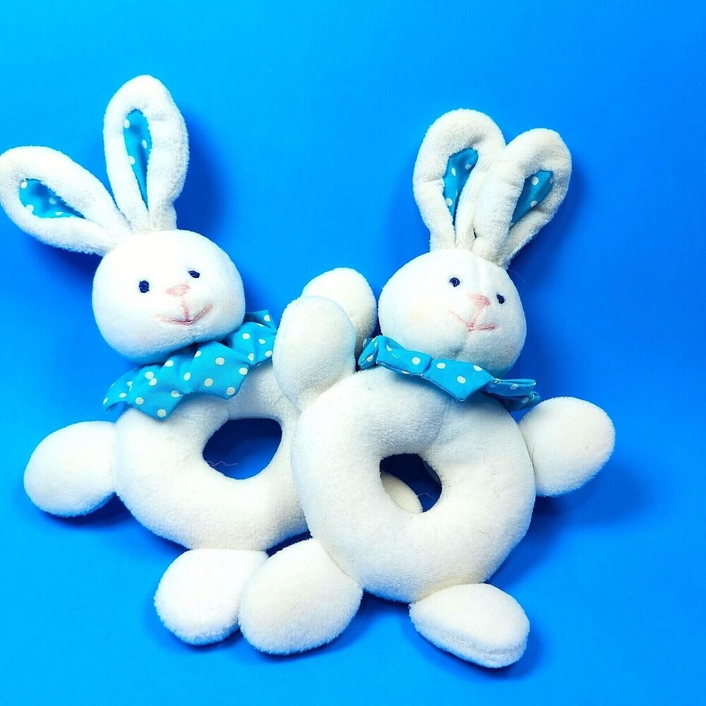 Bunny Rabbit Plush Rattle Baby Crib Toy X 2 Unisex White 8.5 inch Infant Toy